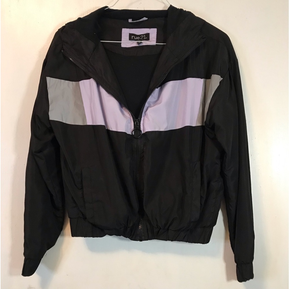 Rue 21 Women's Black Hooded Zip Front Windbreaker Jacket Medium